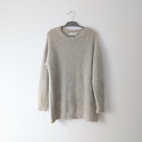 Anthropologie Taupe & Silver Crew Neck Tunic Holiday Sweater - Picture 1 of 5